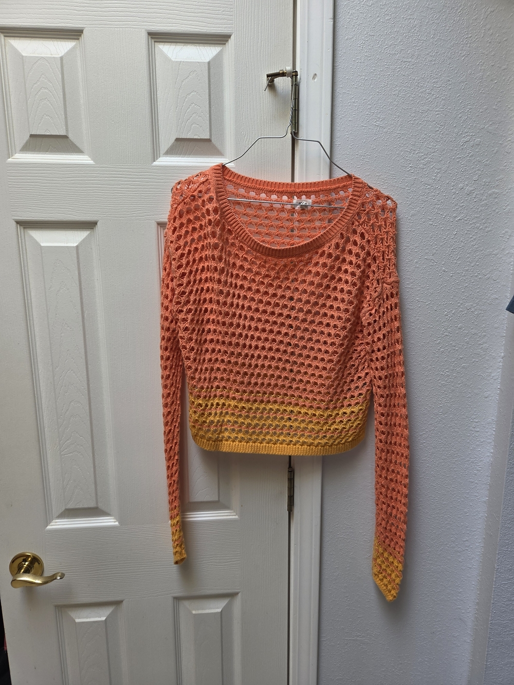 aerie Open-Knit Orange Crew Sweater with Yellow Trim